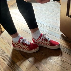 Red checkered lace up vans